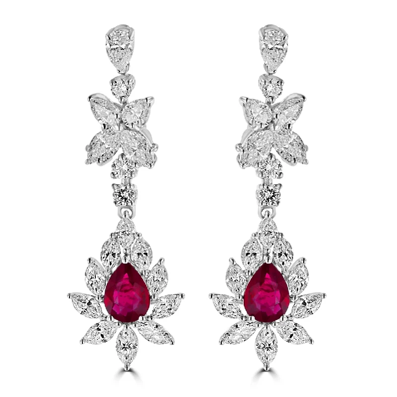 Aged flair earrings-JULEVE 18KT WHITE GOLD 2.73 CTW RUBY & 5.70 CTW DIAMOND DANGLE EARRINGS