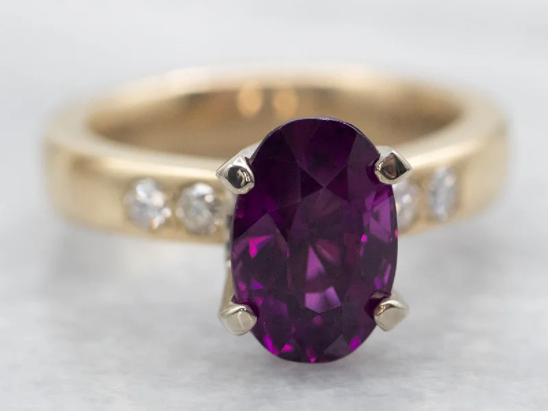 Stone pile rings-Yellow and White Gold Oval Cut Rhodolite Garnet Ring with Diamond Accents