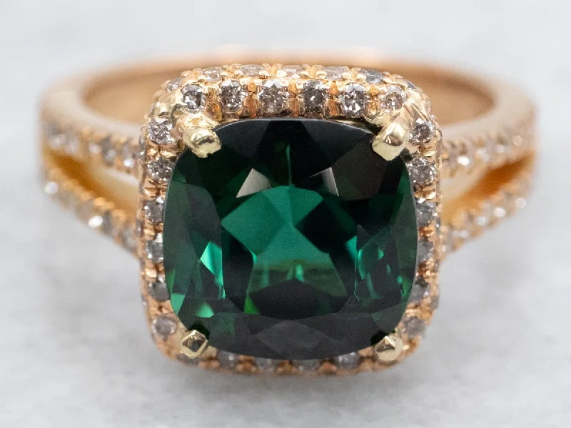 Gleaming silver rings-Green Tourmaline and Diamond Halo Ring