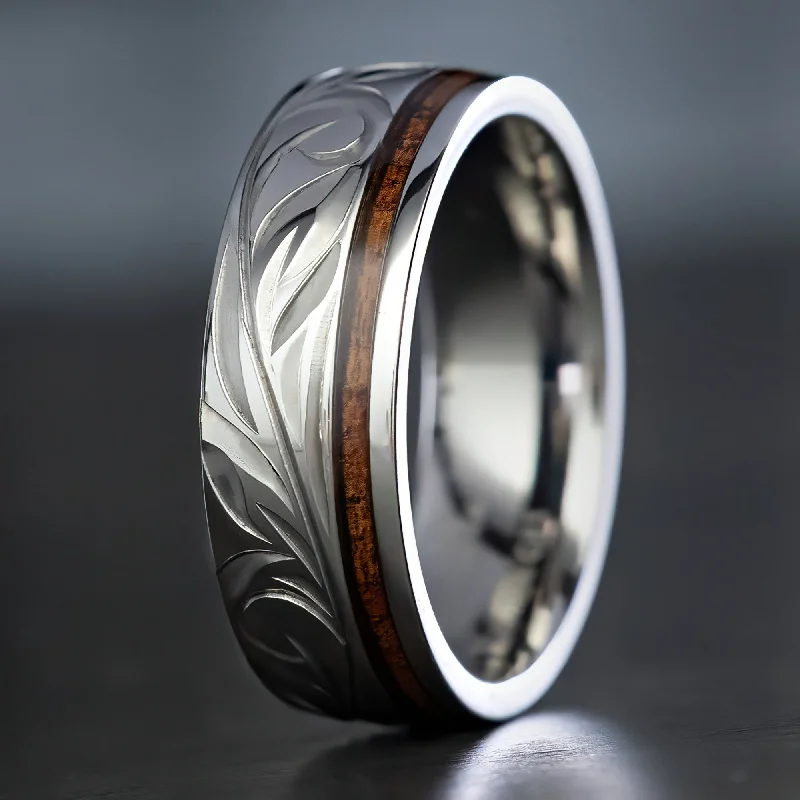 Ripple shape rings-Titanium Ring Hand Engraved Old English Design [7mm width] Hawaiian Koa Wood Inlay