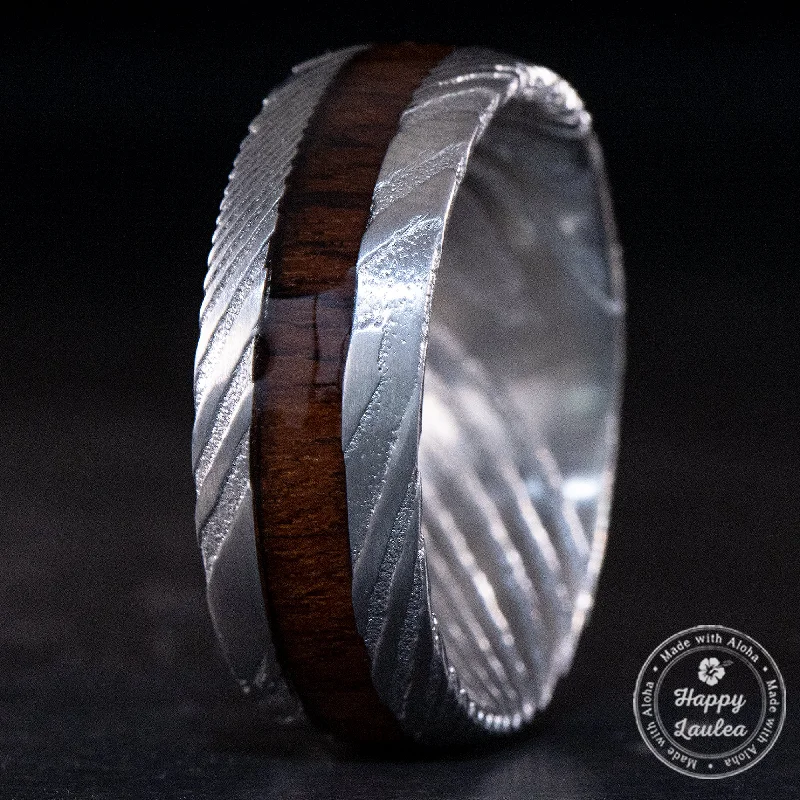 Sleek shank rings-Damascus Steel Ring with Koa Wood Inlay - 8mm, Dome Shape, Comfort Fitment