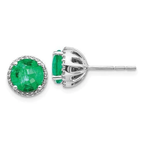 Ripple shape earrings-14KT WHITE GOLD 2.20 CTW EMERALD & .14 CTW DIAMOND HALO EARRINGS