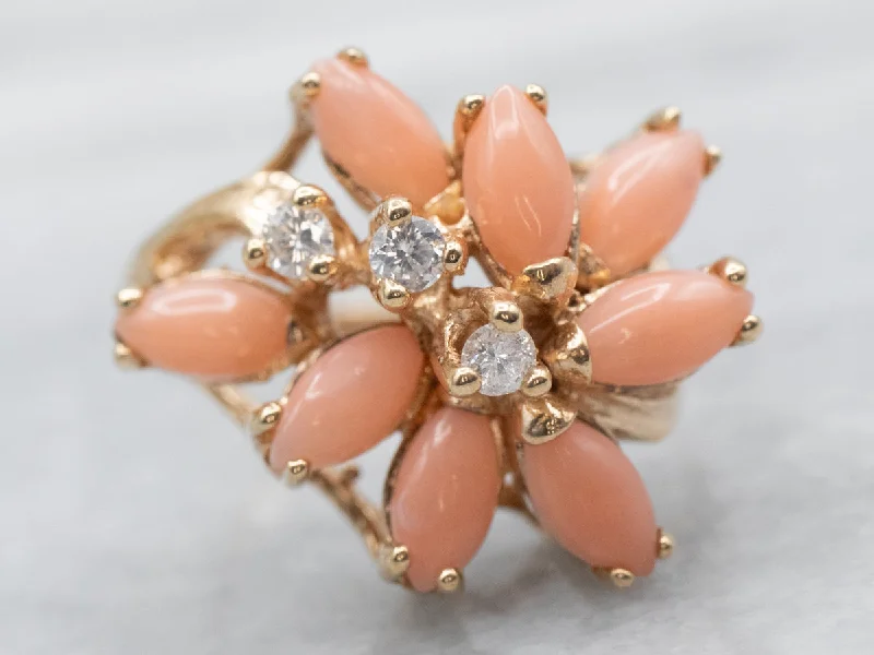 Curved art rings-Diamond and Coral Cluster Ring