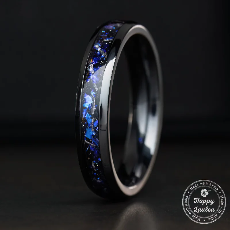 Soft wood rings-Black Titanium Ring [4mm width] Blue Fire Opal & Meteorite