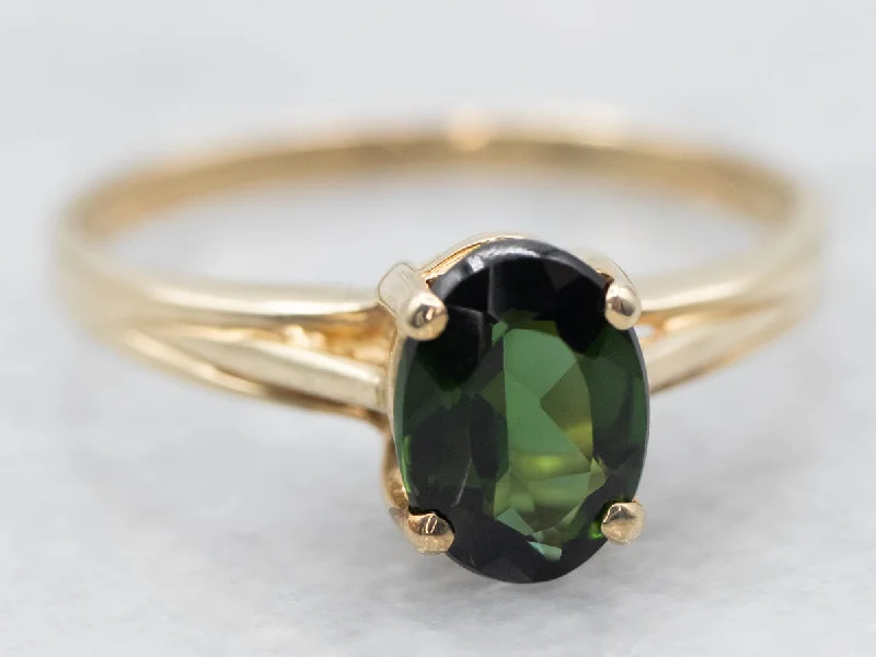 Pine grain rings-Oval Cut Green Tourmaline Solitaire Ring