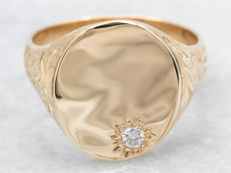 Grace charm rings-Yellow Gold Engravable Signet Ring with Oval Top and Diamond Accent