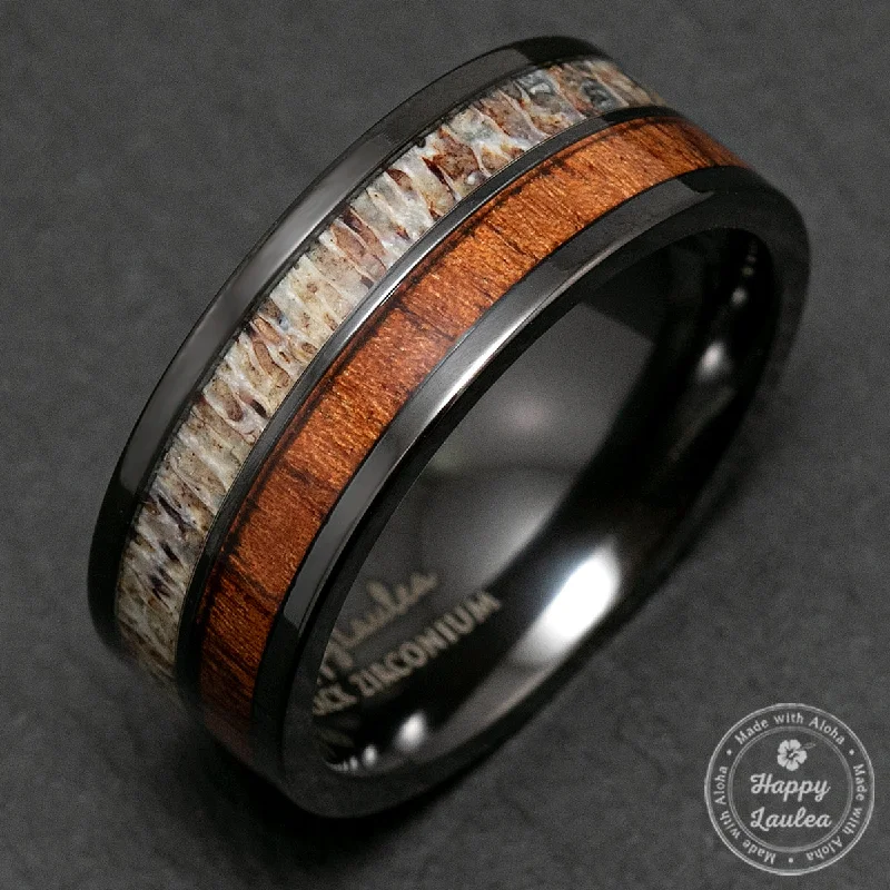 Gleaming silver rings-Black Zirconium Ring with Antler & Hawaiian Koa Wood Duo Inlay - 8mm, Flat Shape, Comfort Fitment