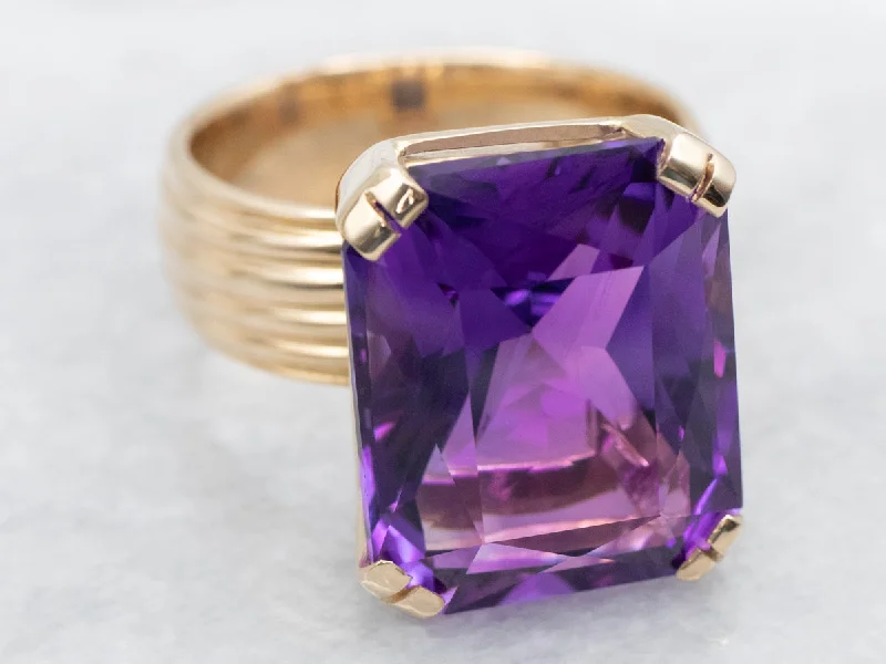 Soft texture rings-Art Carved Gold Amethyst Cocktail Ring