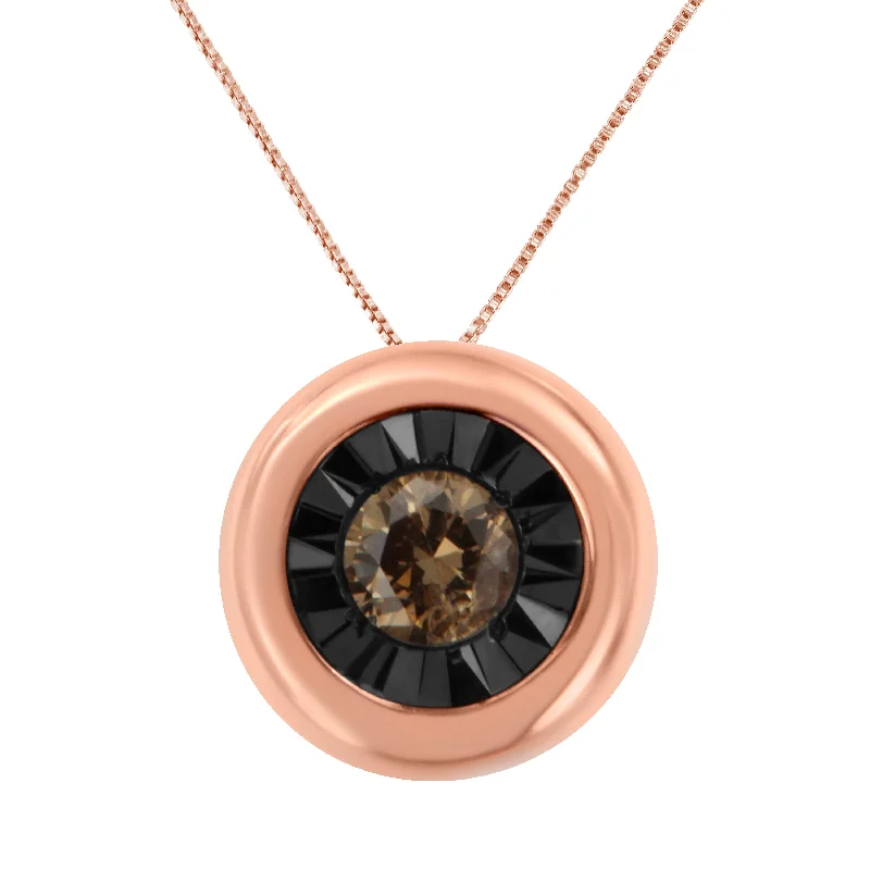 Pure shine necklaces-Black Rhodium over 10K Rose Gold 1/10 Carat Diamond Two Tone Round Miracle-Plate Solitaire 18” Pendant Necklace