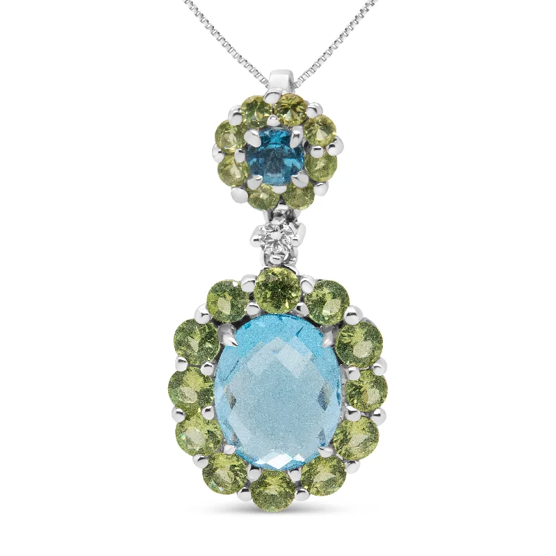 Earth woven necklaces-18k White Gold 0.05 Cttw Round Diamond and Blue Topaz and Green Peridot Gemstone Halo Drop 18" Pendant Necklace