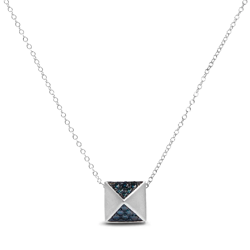 Tulip flower necklaces-14K White Gold 1/4 Cttw Treated Blue Diamond Matte Finished Pyramid Pendant Necklace