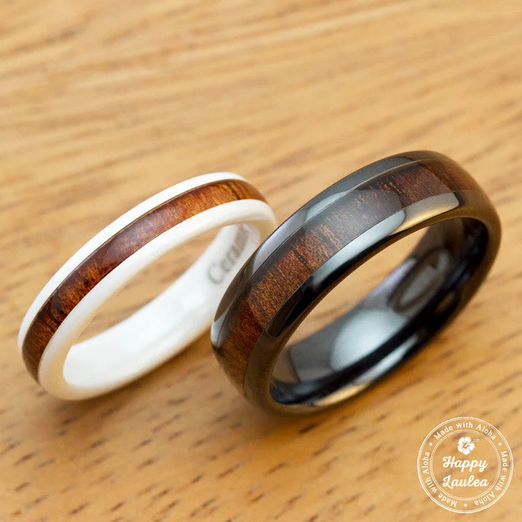 Bead edge rings-Pair of Ceramic Rings with Hawaiian Koa Wood Inlay