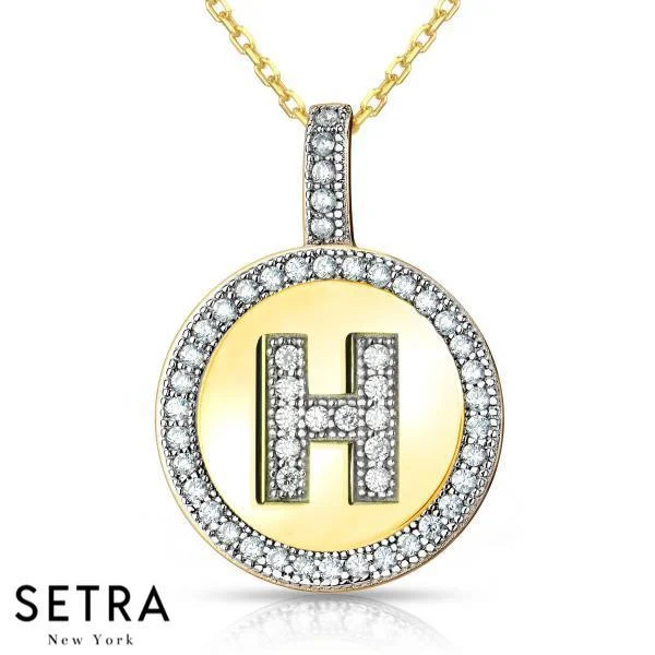 Elastic cord necklaces-INITIAL MICRO-PAVE FINE 18K GOLD CIRCLE DISC "H" DIAMONDS  NECKLACE