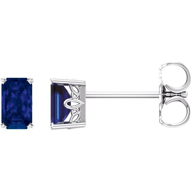 Fine thread earrings-14KT GOLD 0.80 CTW EMERALD CUT SAPPHIRE SCROLL EARRINGS