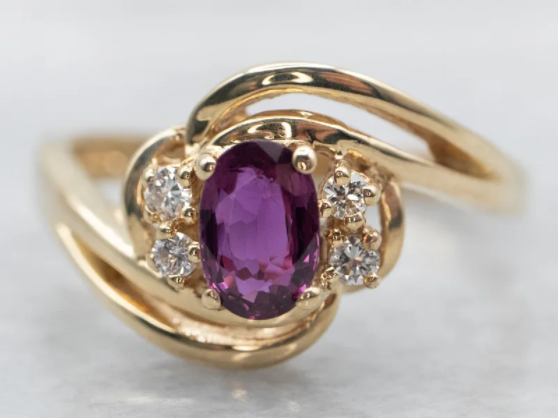 Open frame rings-Yellow Gold Oval Cut Ruby Bypass Ring with Diamond Accents