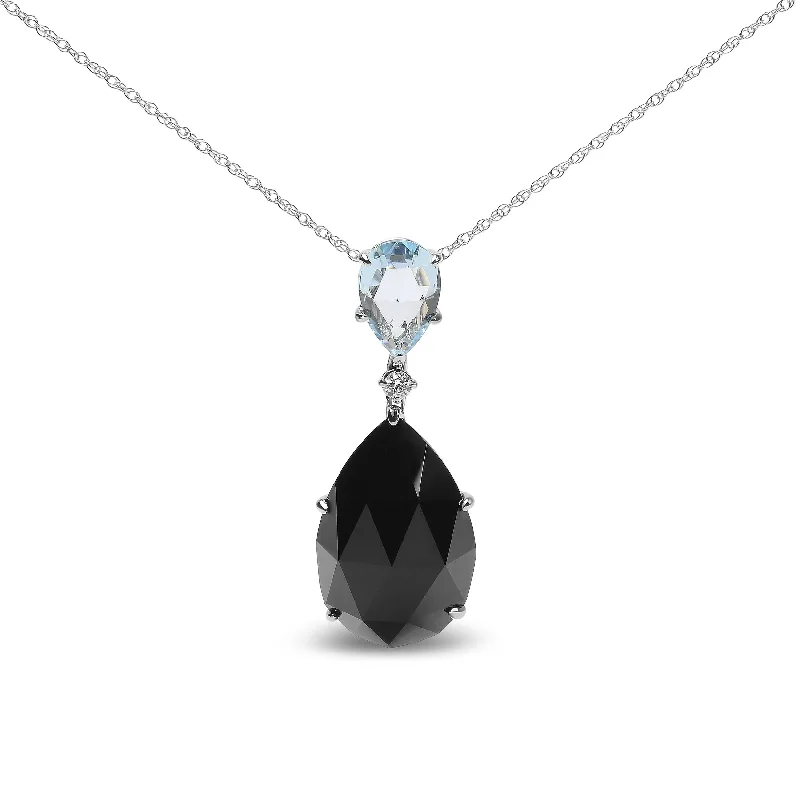 Oxidized bronze necklaces-18K White Gold Diamond Accent and Pear Cut Sky Blue Topaz and Pear Cut Black Onyx Dangle Drop 18" Pendant Necklace