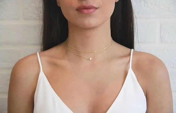 Dew glass necklaces-Pearl Necklace Choker 14k Gold