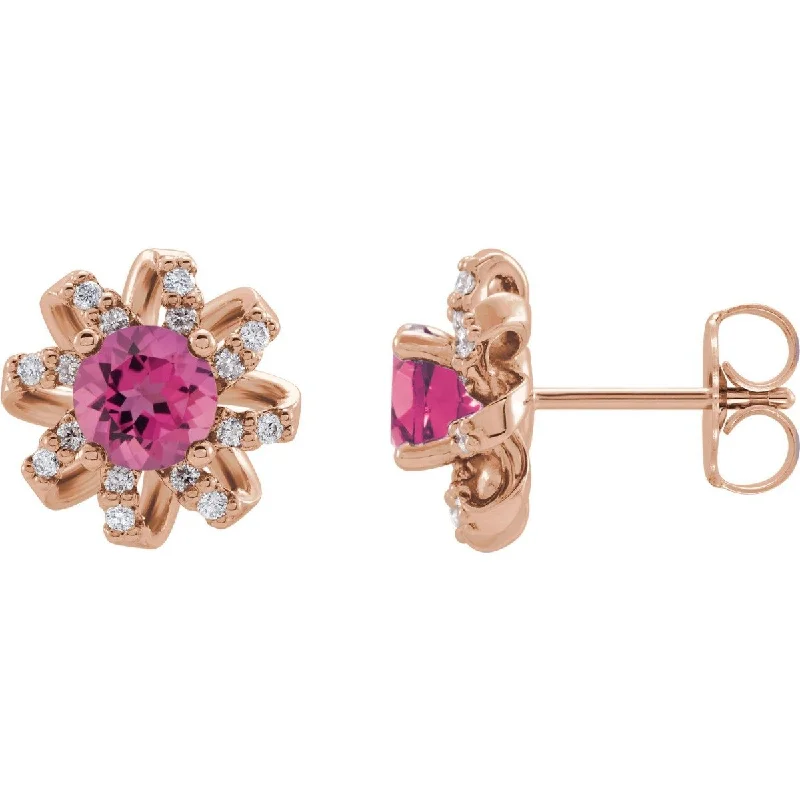 Solid statement earrings-14KT GOLD 1.10 CTW PINK TOURMALINE & 1/8 CTW DIAMOND FLORAL HALO EARRINGS