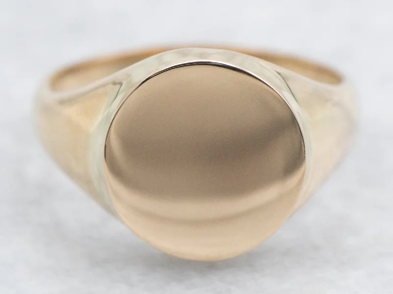 Flat letter rings-Yellow Gold Plain Signet Ring with Round Top