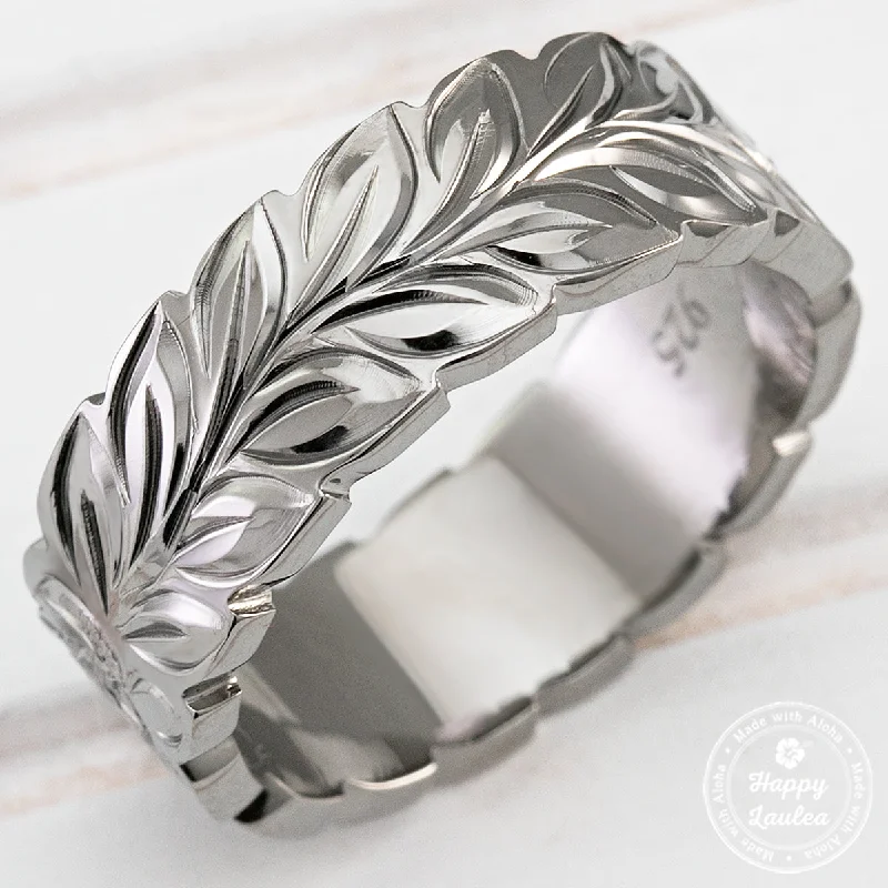 Coil band rings-Black Rhodium 925 Sterling Silver Hand Engraved Ring with Maile Leaf & Hawaiian Sea Turtle Design - 8mm, Flat Shape, Comfort Fitment