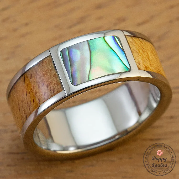 Shiny bead rings-Titanium Ring with Abalone Pau'a Shell and Hawaiian Koa Wood Inlay