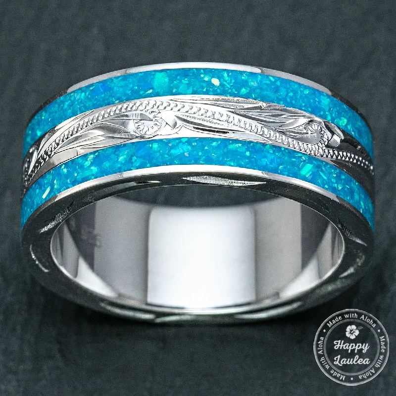 Bead edge rings-Sterling Silver 8mm Hawaiian Jewelry Ring with Azure Blue Opal Duo Inlay - Flat Shape, Standard Fitment