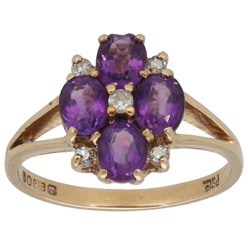 Grace charm rings-9ct Gold Amethyst & 0.05ct Diamond Dress/Cocktail Ring Size M