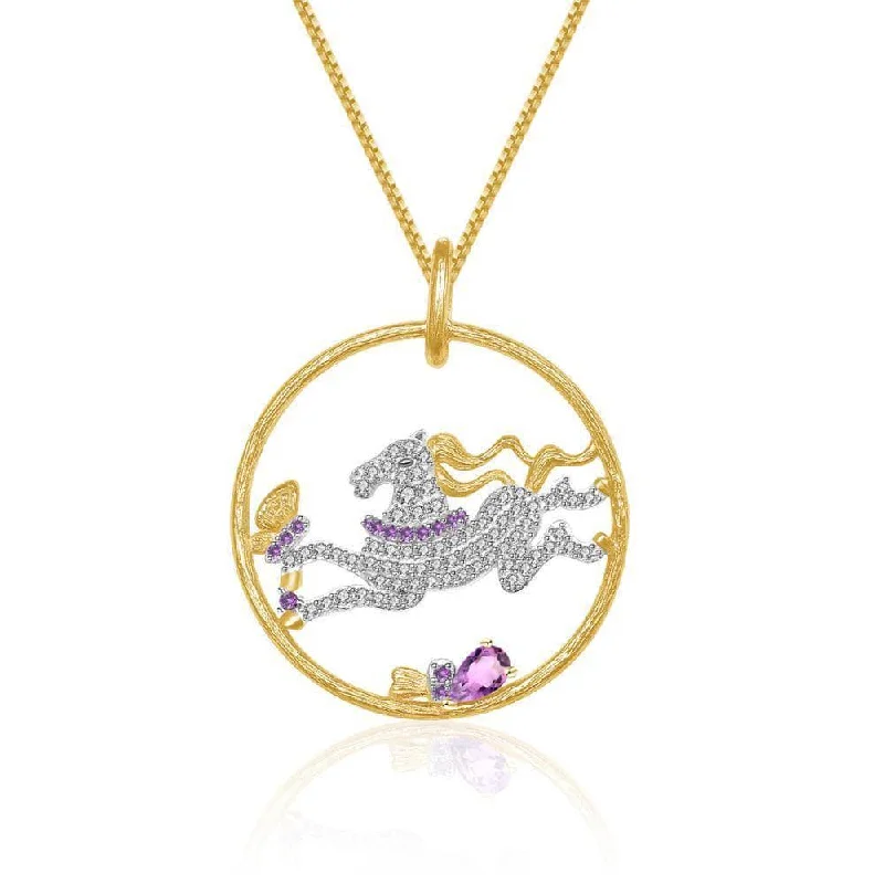 Thai style necklaces-Year Of The Horse- Galloping Horse Natural Amethyst Necklace