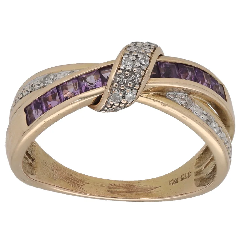 Slide band rings-9ct Gold Amethyst & 0.05ct Diamond Dress/Cocktail Ring Size N