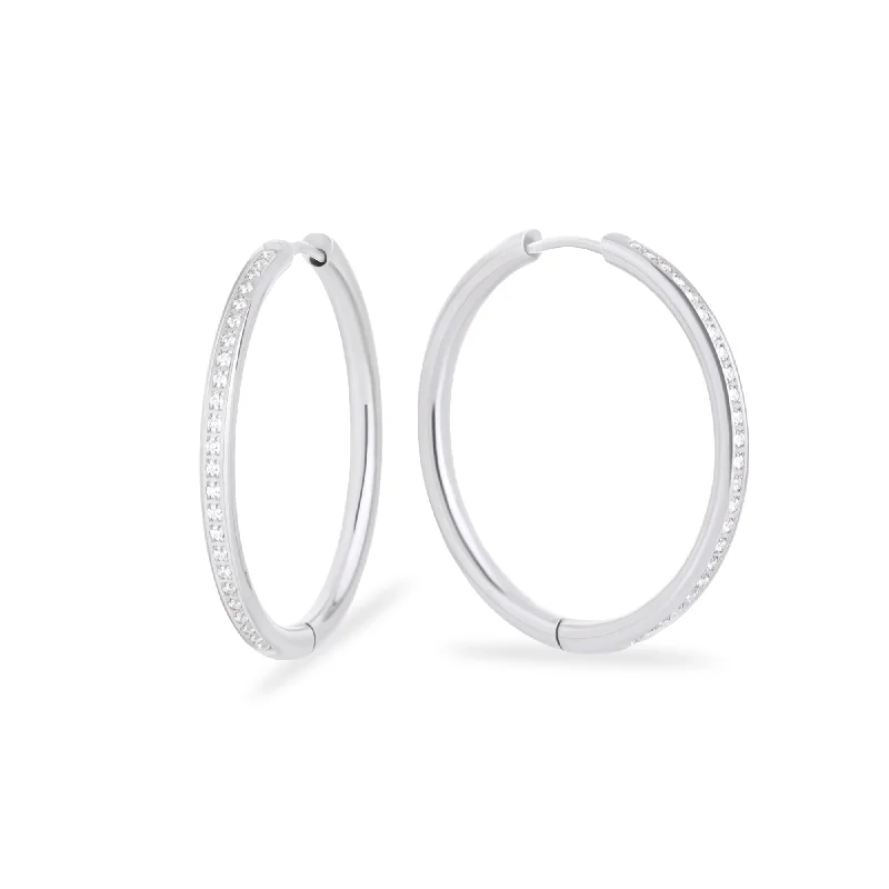 Clear crystal earrings-Stainless thin half eternity hoop earrings