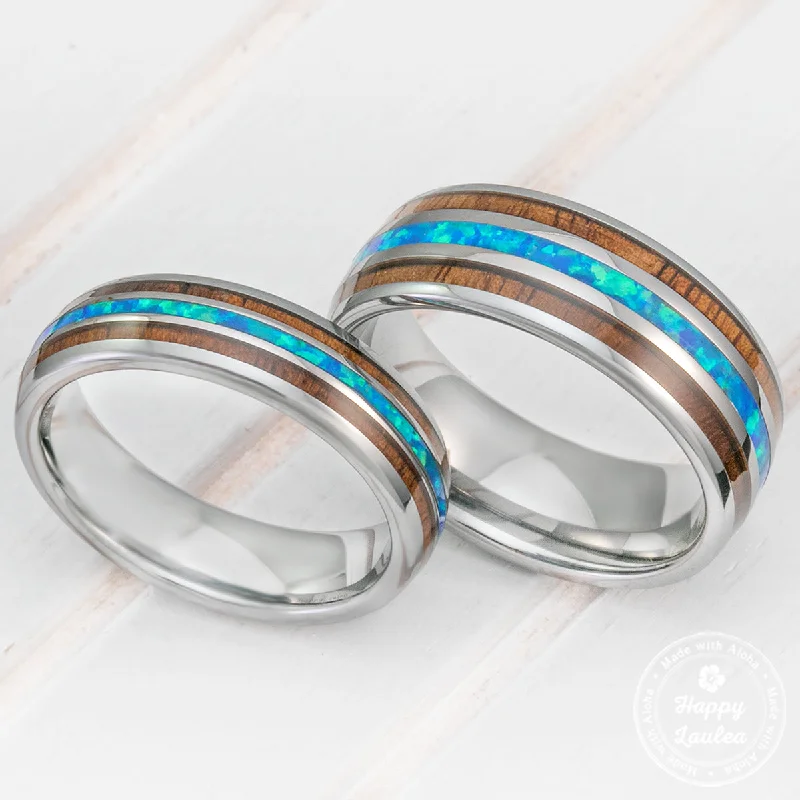 Solid gold rings-Pair of 6 & 8mm Width Tungsten Couple/Wedding Ring Set with Blue Opal and Koa Wood Tri Inlay - Dome Shape, Comfort Fitment