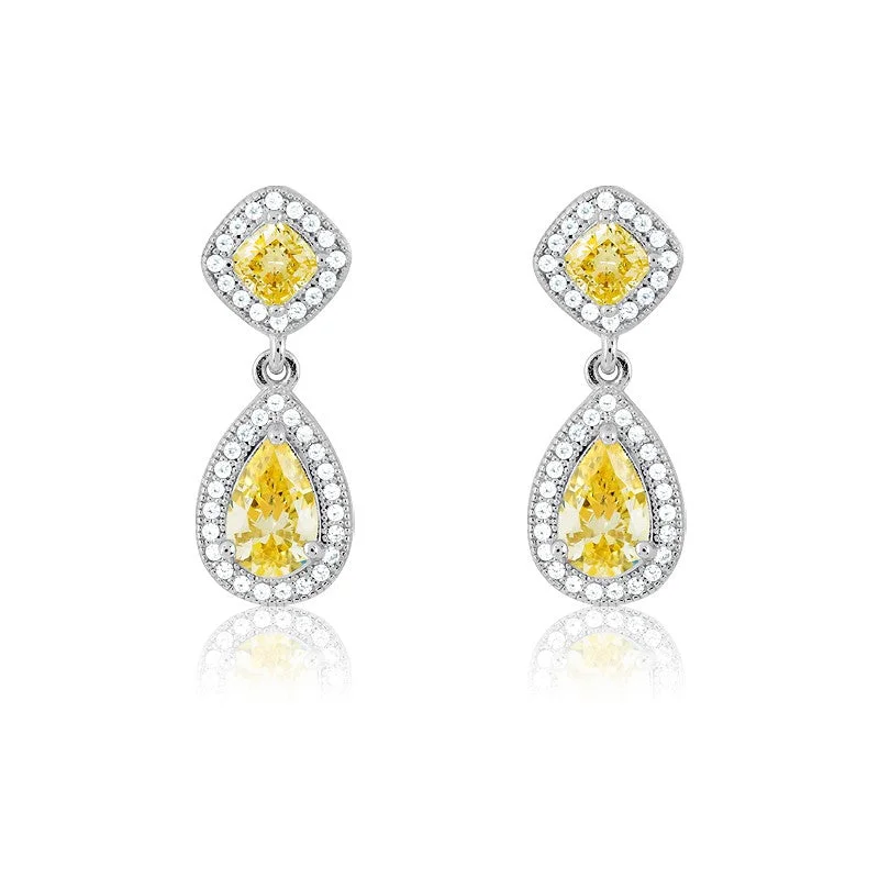 Galaxy glow earrings-Sterling Silver Micro Pave Teardrop With Yellow CZ Center and Sqaure on Top Earrings (80 stones)