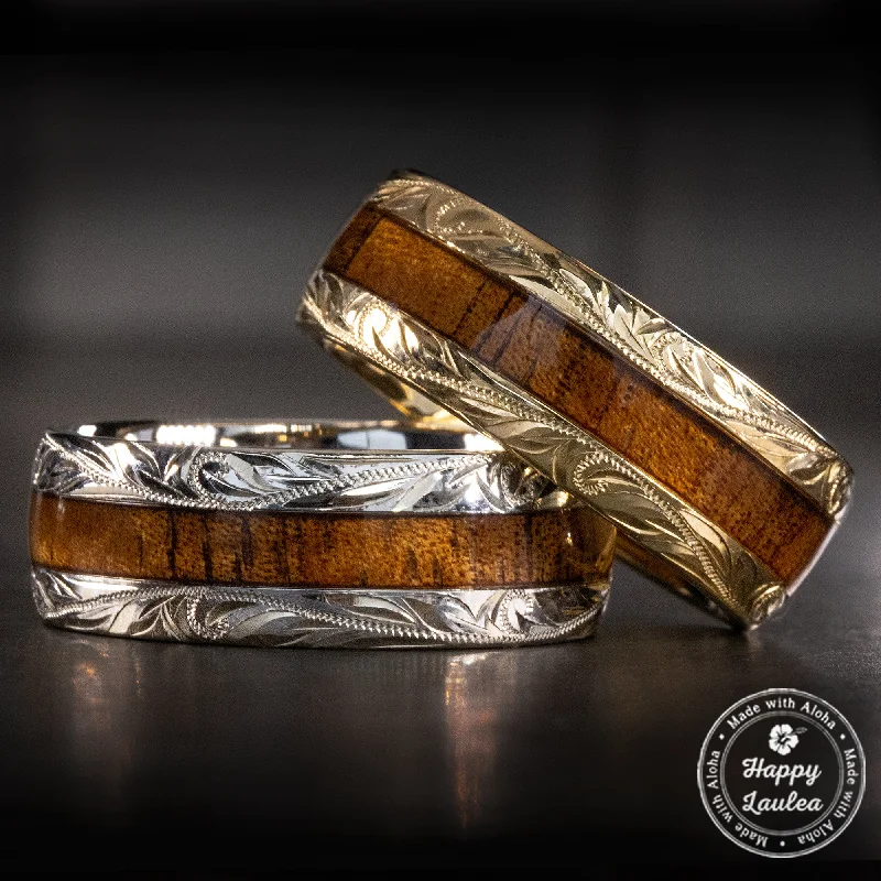 Solid band rings-14K Gold Hand Engraved Ring [8mm width] Hawaiian Koa Wood Inlay