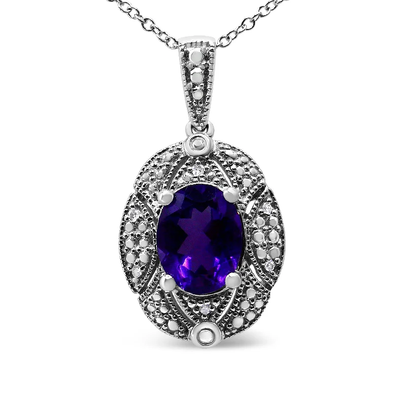 Flat disc necklaces-.925 Sterling Silver Diamond Accent and 9x7mm Purple Oval Amethyst Gemstone Pendant 18" Necklace