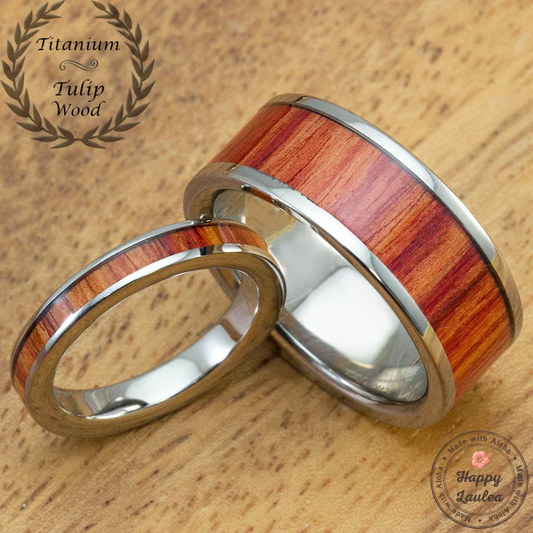 Tri-tone rings-Pair of Titanium Ring Set with Tulip Wood Inlay [3 & 8mm width] Flat Shape, Standard Fitment