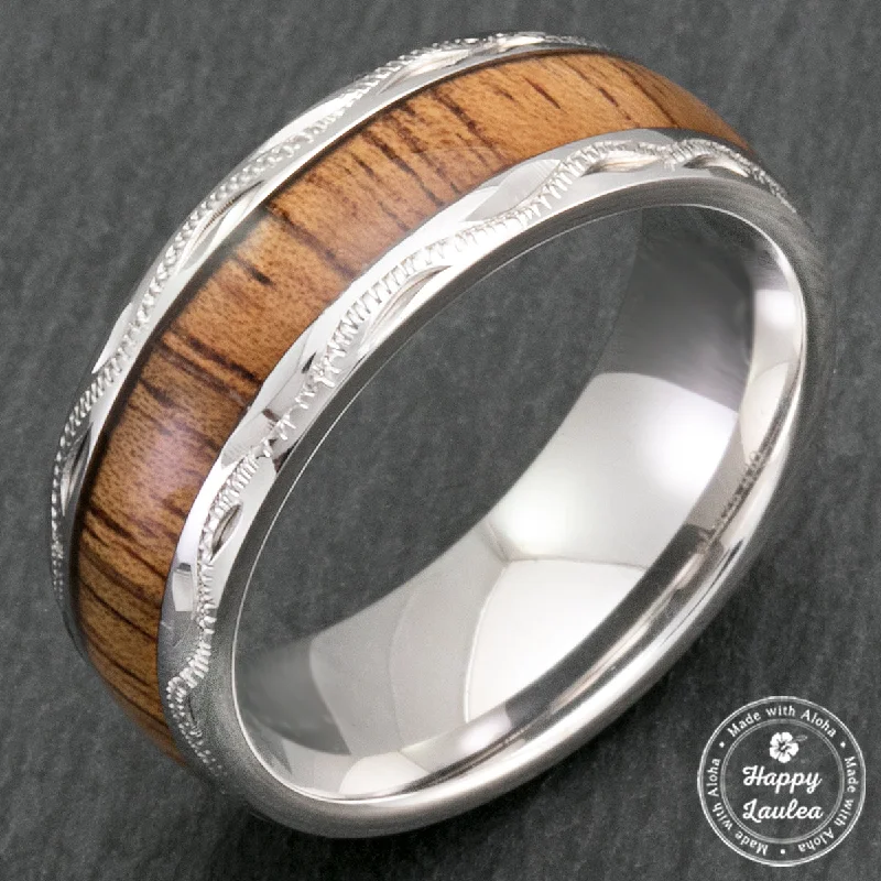 Topaz cut rings-Sterling Silver Hand Engraved Hawaiian Jewelry Ring with Koa Wood Inlay - 8mm, Dome Shape, Comfort Fitment