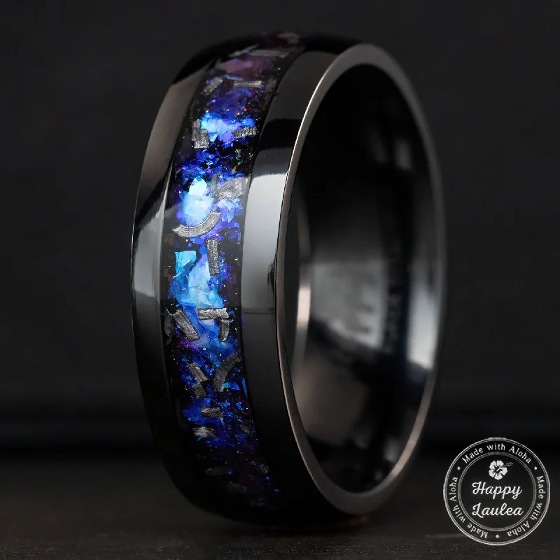 Clear crystal rings-Black Titanium Ring [8mm width] Blue Fire Opal & Meteorite