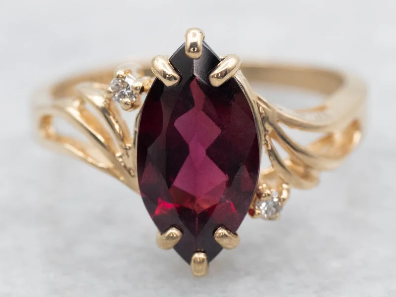 Pine grain rings-Yellow Gold Marquise Cut Rhodolite Garnet Bypass Ring with Diamond Accents