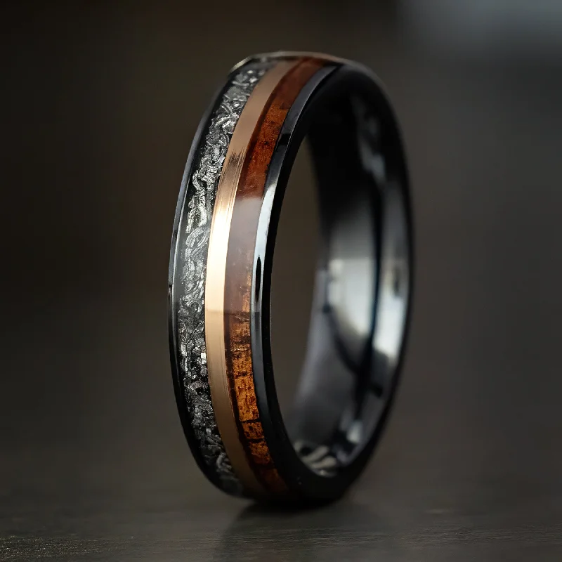 Curved art rings-Black Titanium Mid-Rose Gold Strip Ring [6mm width] Meteorite & Hawaiian Koa Wood