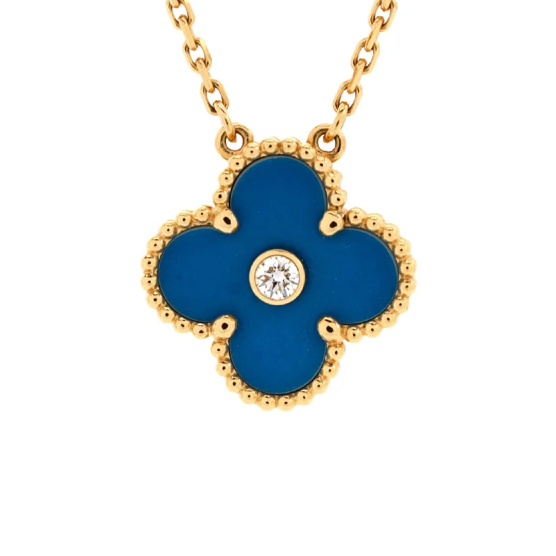 Topaz necklaces-Vintage Alhambra Pendant Necklace 18K Yellow Gold and Blue Sevres Porcelain with Diamond