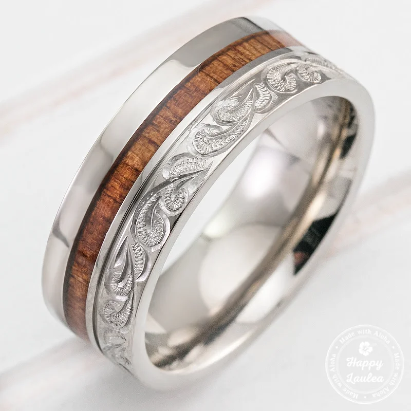 Onyx rings-Titanium Hand Engraved Scroll Design Ring with Hawaiian Koa Wood Inlay - 8mm, Flat Shape, Comfort Fitment