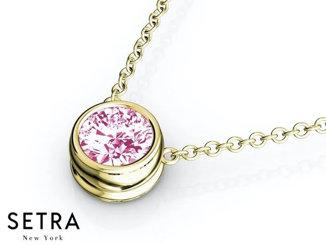 Grace charm necklaces-14K FINE ROSE GOLD PINK SAPPHIRE PANDENTS OR NECKLACE SOLITAIRE BAZEL SETTING