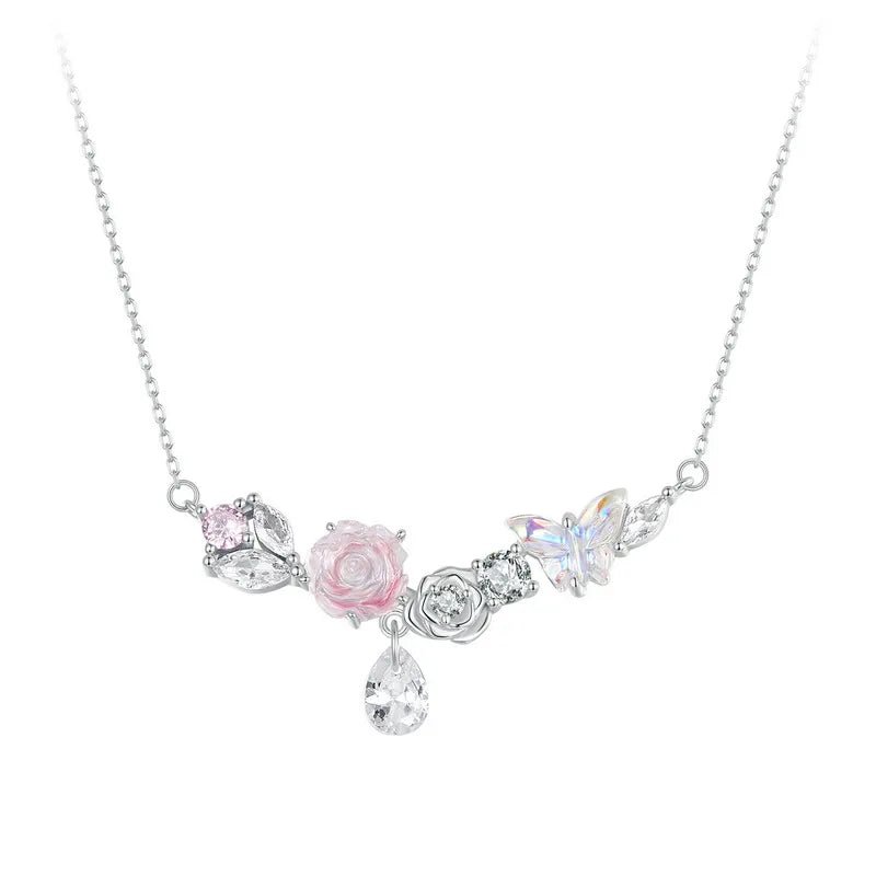 Regency style necklaces-Diamond Necklace with Flower & Butterfly