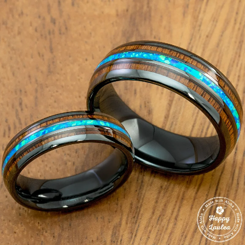 Oxidized bronze rings-Pair of HI-TECH Black Ceramic Rings with Blue Opal & Koa Wood Tri Inlay - 6&8mm, Dome Shape, Comfort Fitment