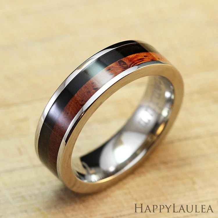 Agate gem rings-Stainless Steel Ring with Koa Wood and Black Wood Inlay