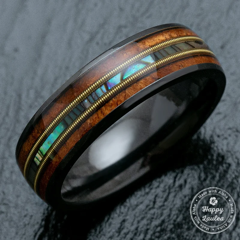 Owl design rings-Black Zirconium Ring with Guitar String, Abalone Shell, & Koa Wood Tri-Inlay - 6mm, Dome Shape, Comfort Fitment