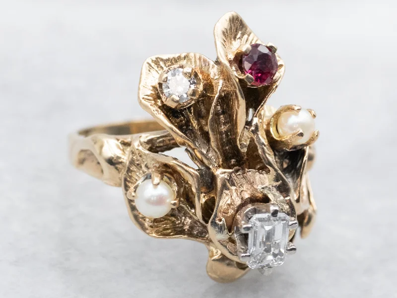 Coil knot rings-Antique Floral Ring with Diamonds, Seed Pearls, and Ruby