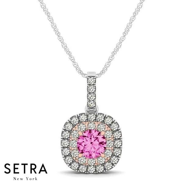 Wide bar necklaces-Vintage 18K Rose & White Gold Round Cut Diamonds & Pink Sapphire In Double Halo Necklace