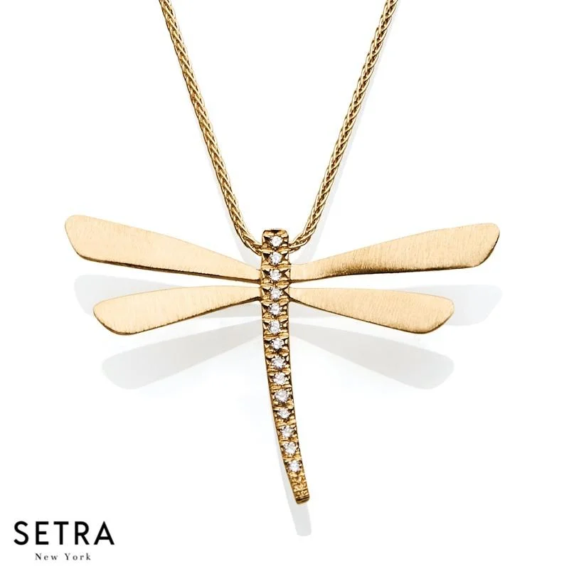 Twist knot necklaces-14K FINE YELLOW GOLD DRAGONFLY & DIAMONDS NECKLACE