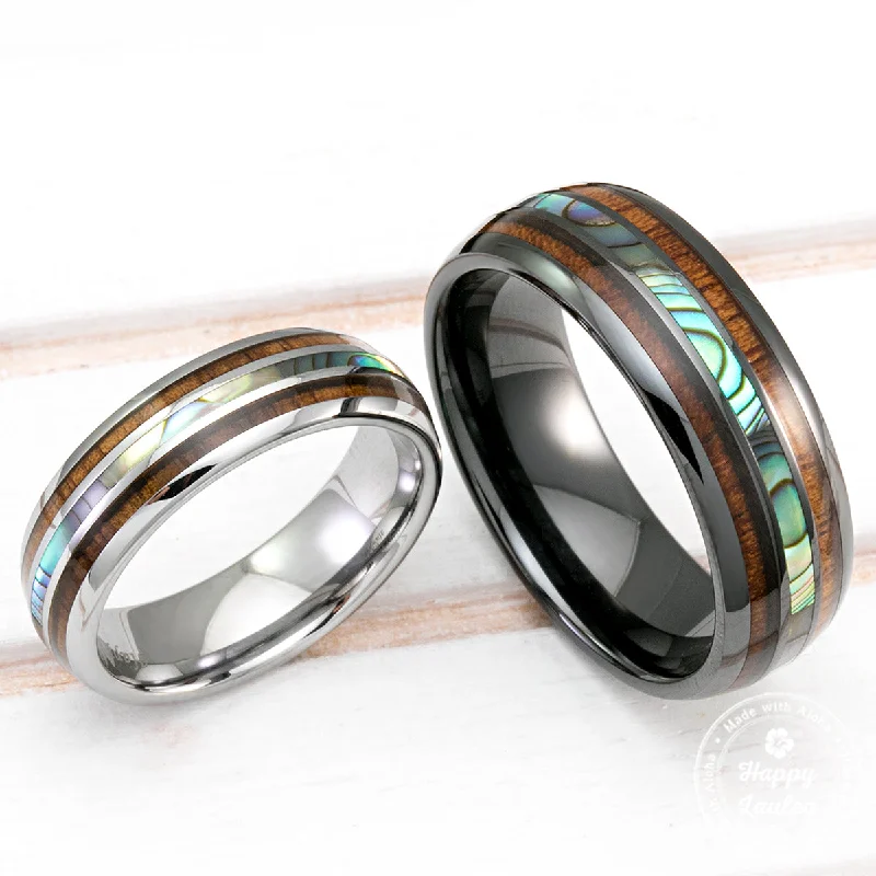 Ruby rings-Black Ceramic and Tungsten Wedding Ring Set with Abalone Pau'a Shell and Koa Wood Tri Inlay - 6&8mm, Dome Shape, Comfort Fitment